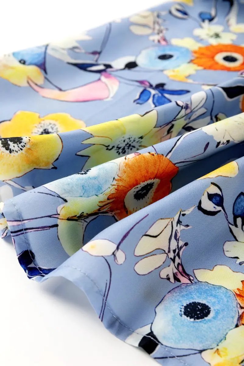 Sky Blue Flutter Sleeve V Neck Floral Top for Women - Love Salve